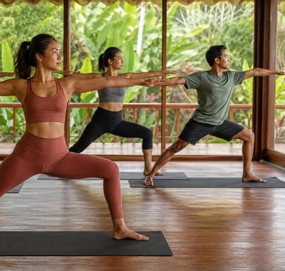 Perempuan dan laki-laki muda berlatih yoga bersama di studio dengan taman tropis